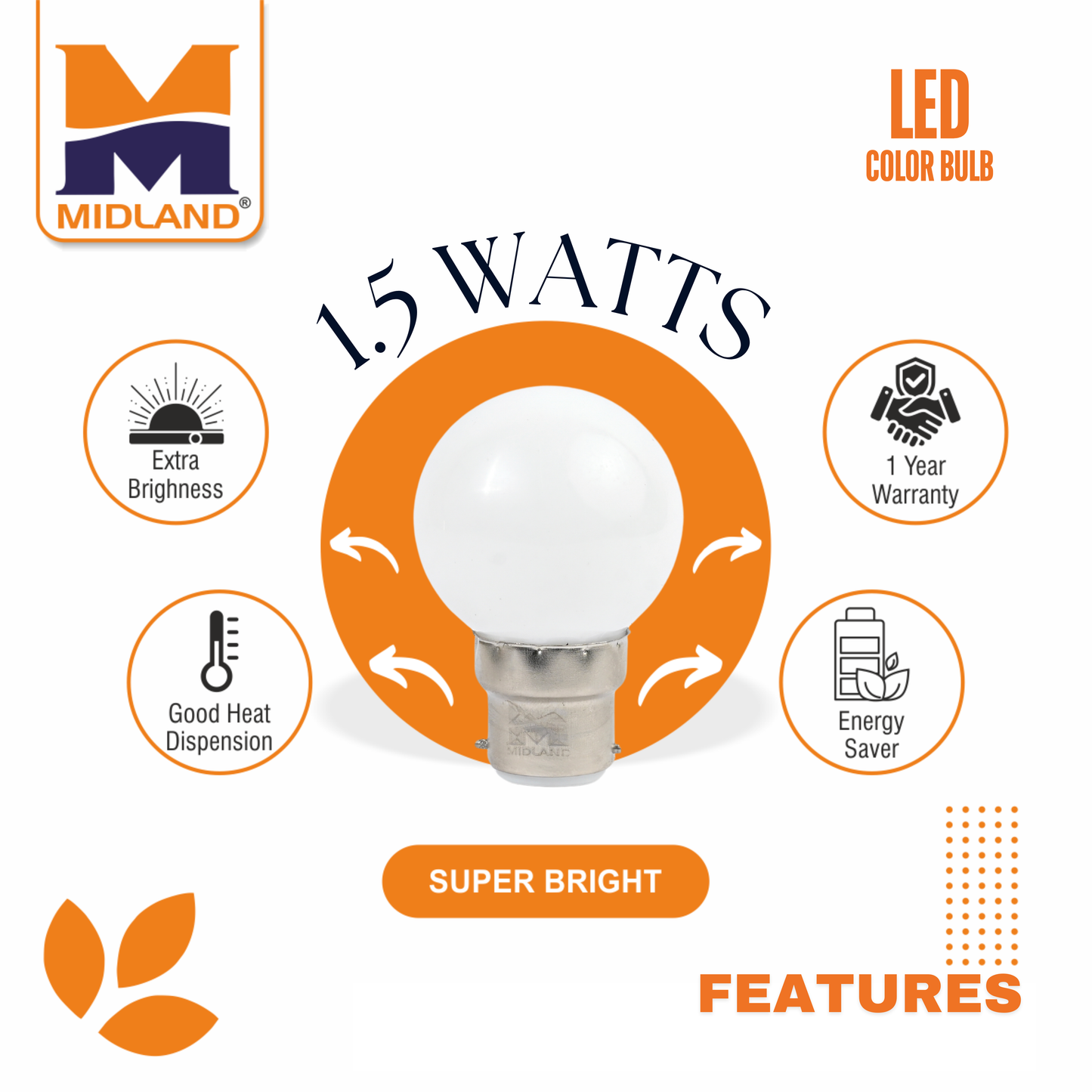 MIDLAND 1.5W LED COLOR BULB  (B-22)