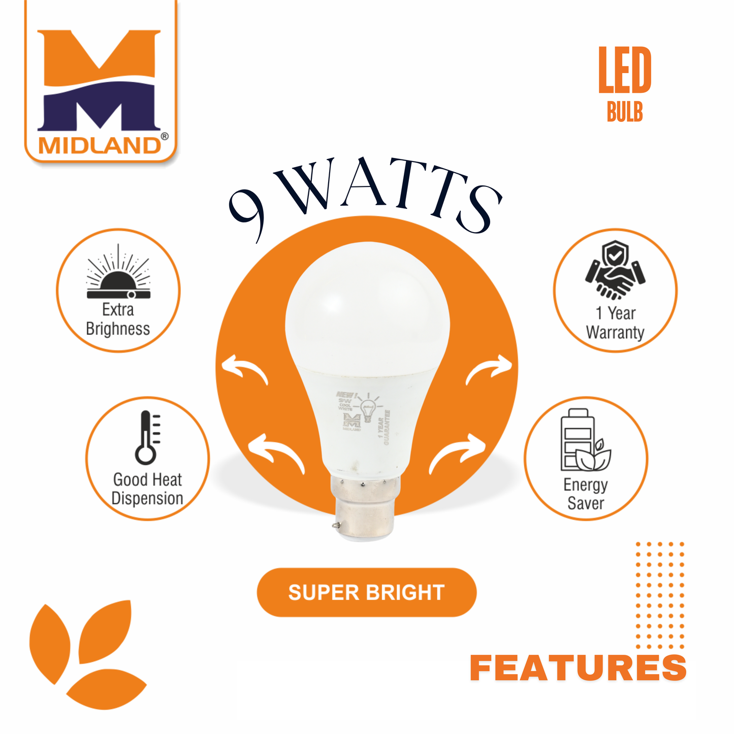 MIDLAND 9W LED BULB (B-22)