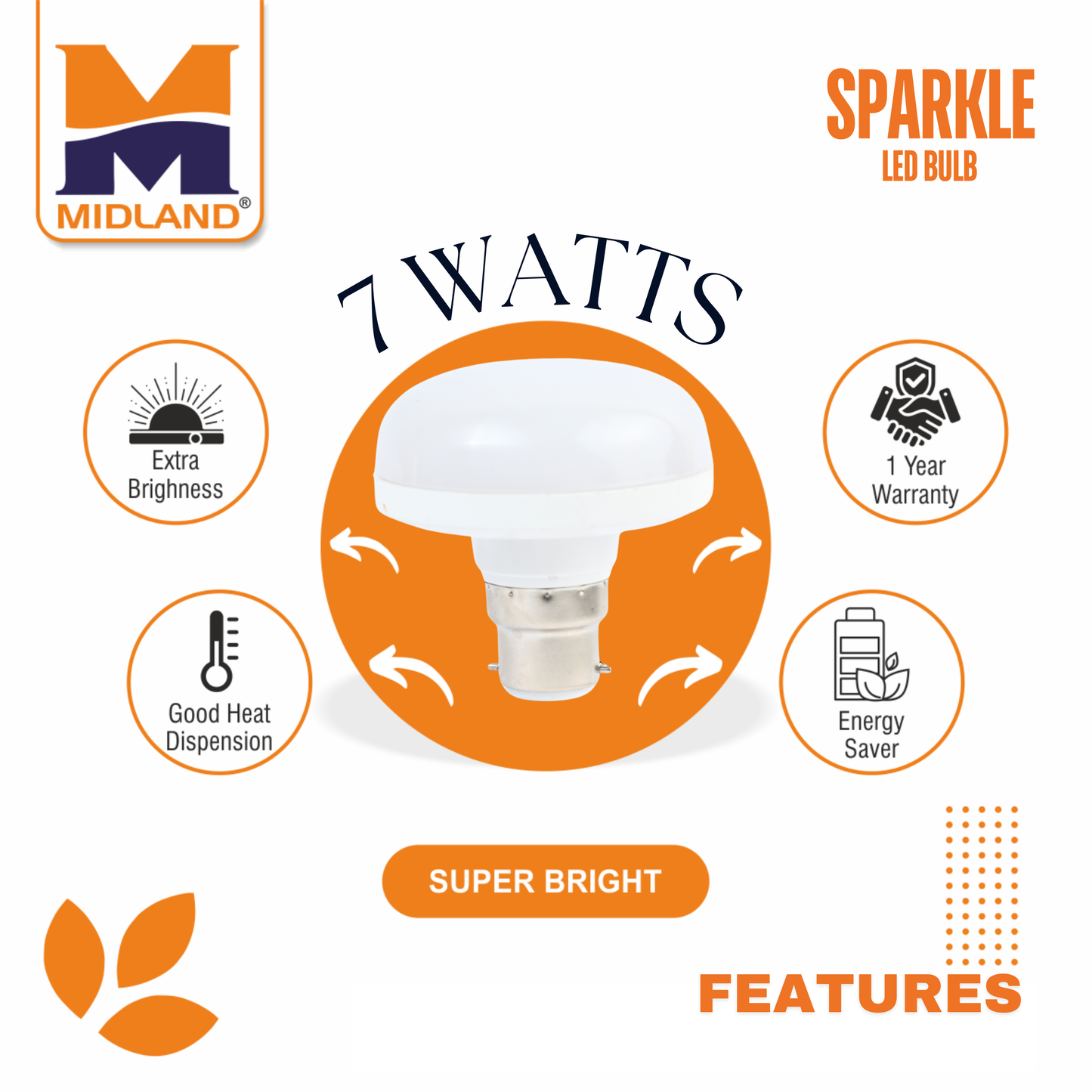 MIDLAND 7W SPARKLE 3 IN 1 LED BULB (B-22)