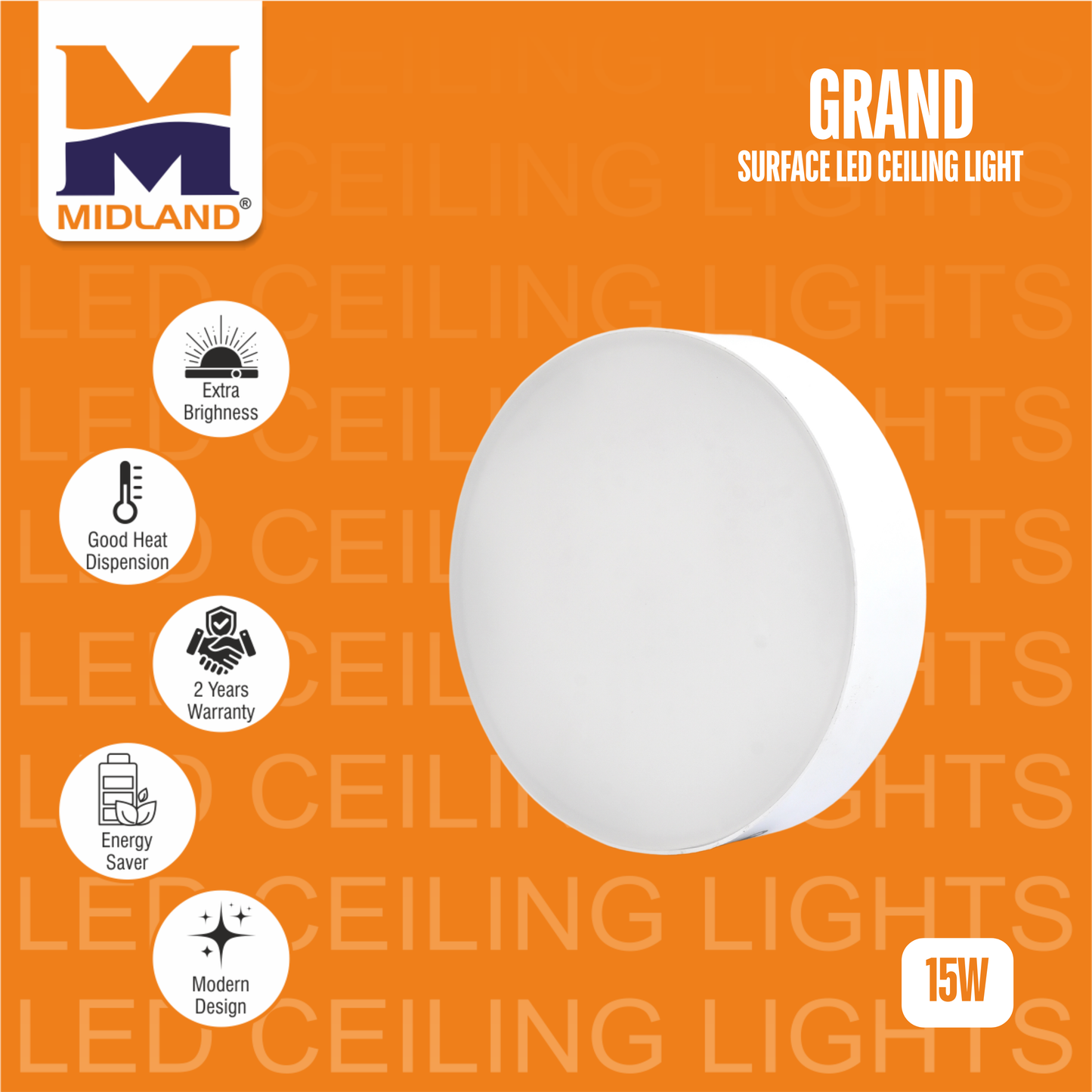 MIDLAND 15W GRAND SURFACE LED ROUND CEILING LIGHT