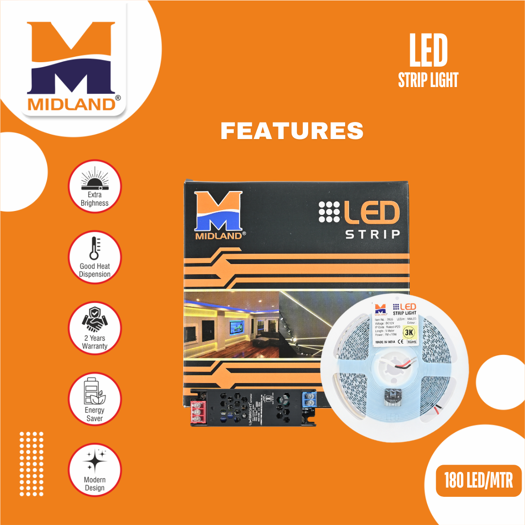 MIDLAND 2835/180 LED PER METER 12V LED STRIP LIGHT (5 MTR.) WITH DRIVER