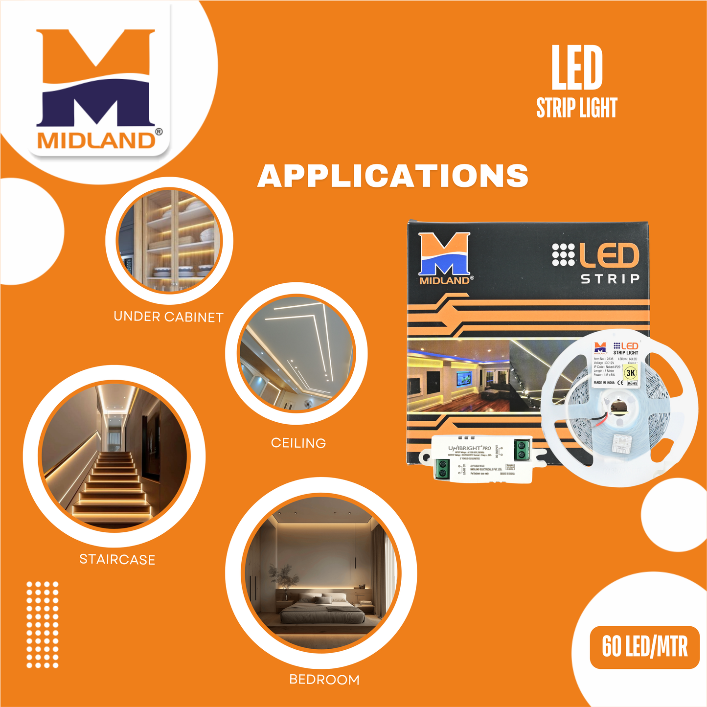 MIDLAND 2835/60 LED PER METER 12V LED STRIP LIGHT (5 MTR.) WITH DRIVER