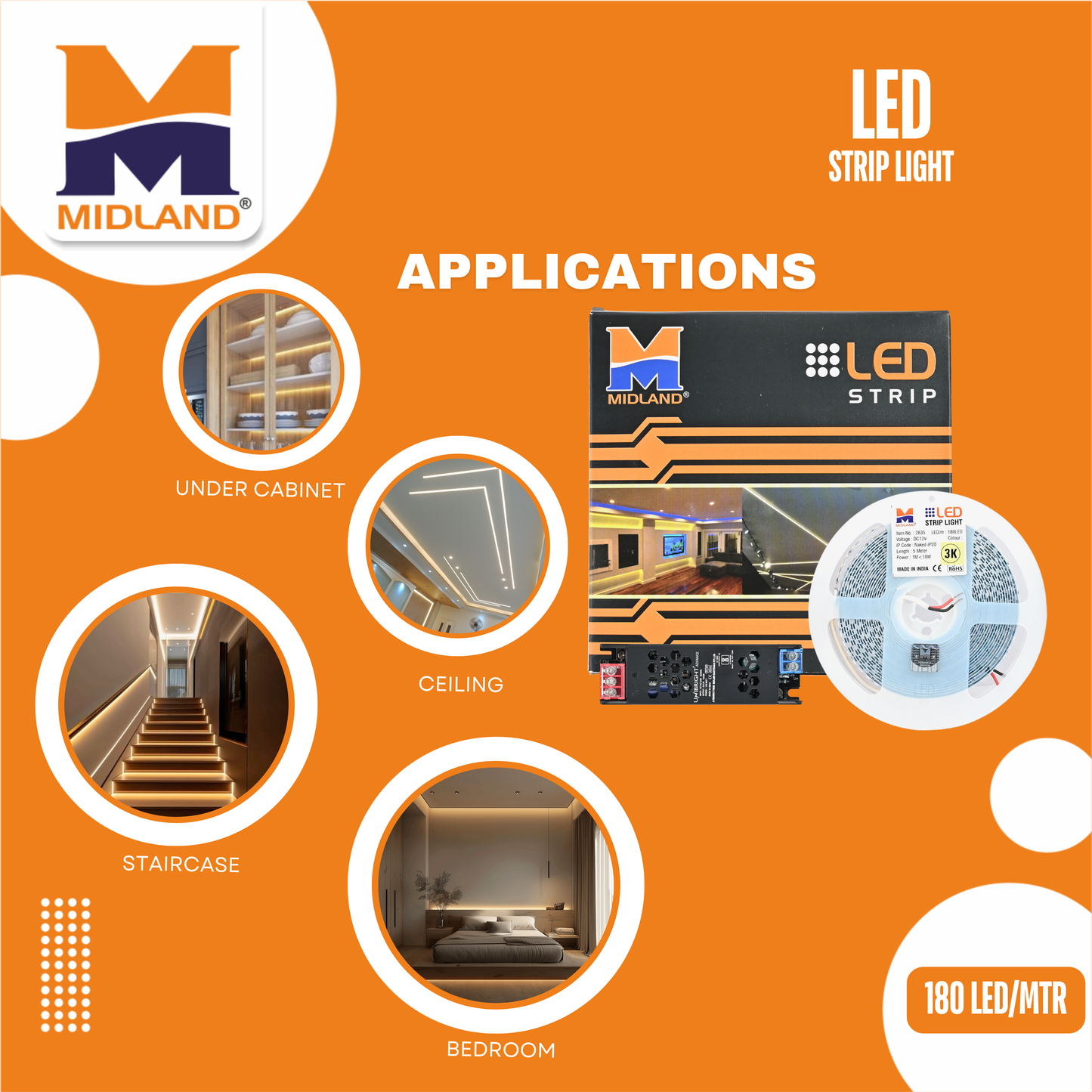 MIDLAND 2835/180 LED PER METER 12V LED STRIP LIGHT (5 MTR.) WITH DRIVER