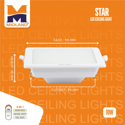 MIDLAND 10W STAR 3 IN 1 LED SQUARE CEILING LIGHT