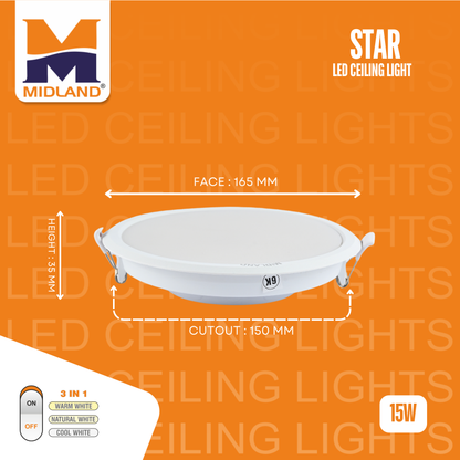 MIDLAND 15W STAR 3 IN 1 LED ROUND CEILING LIGHT