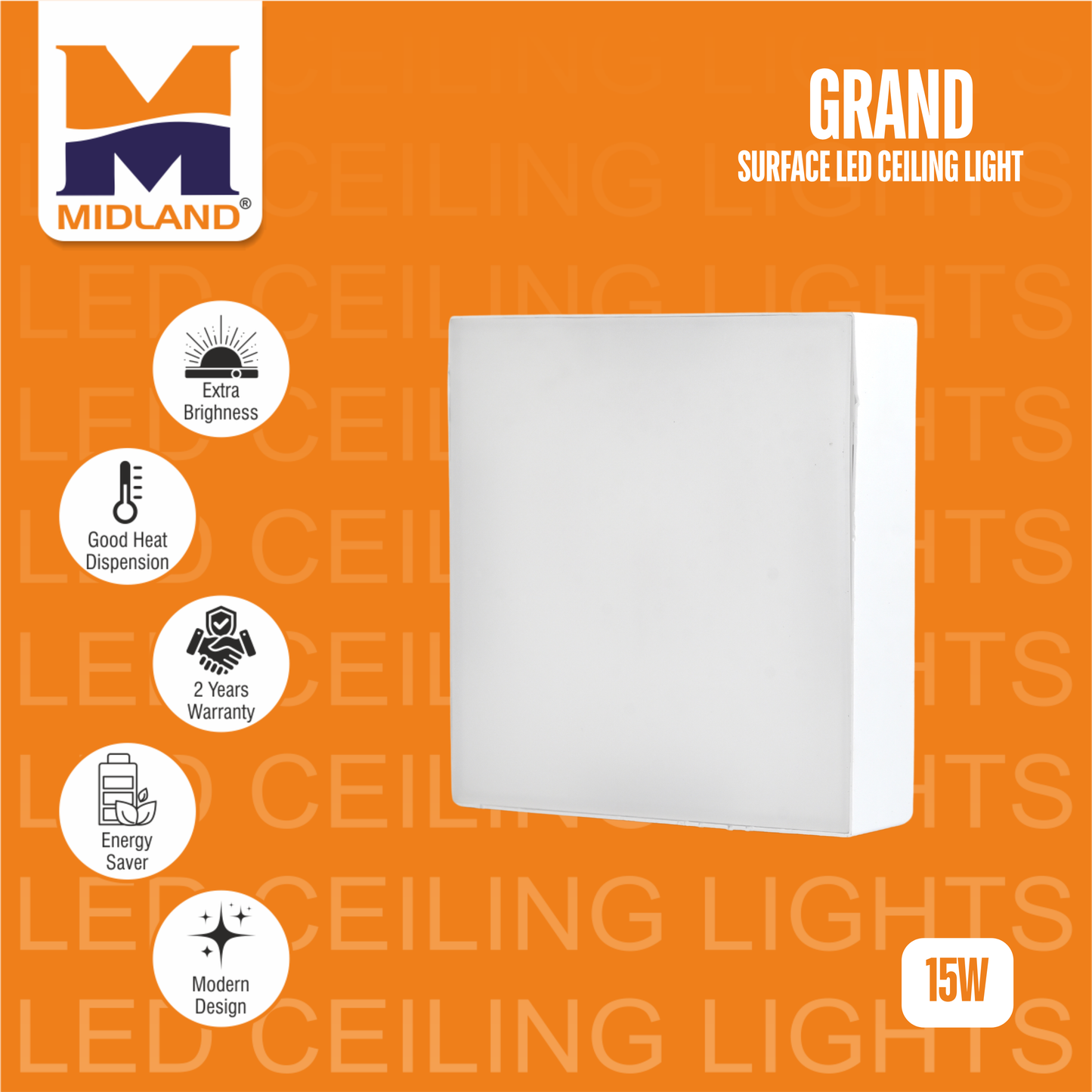 MIDLAND 15W GRAND SURFACE LED SQUARE CEILING LIGHT