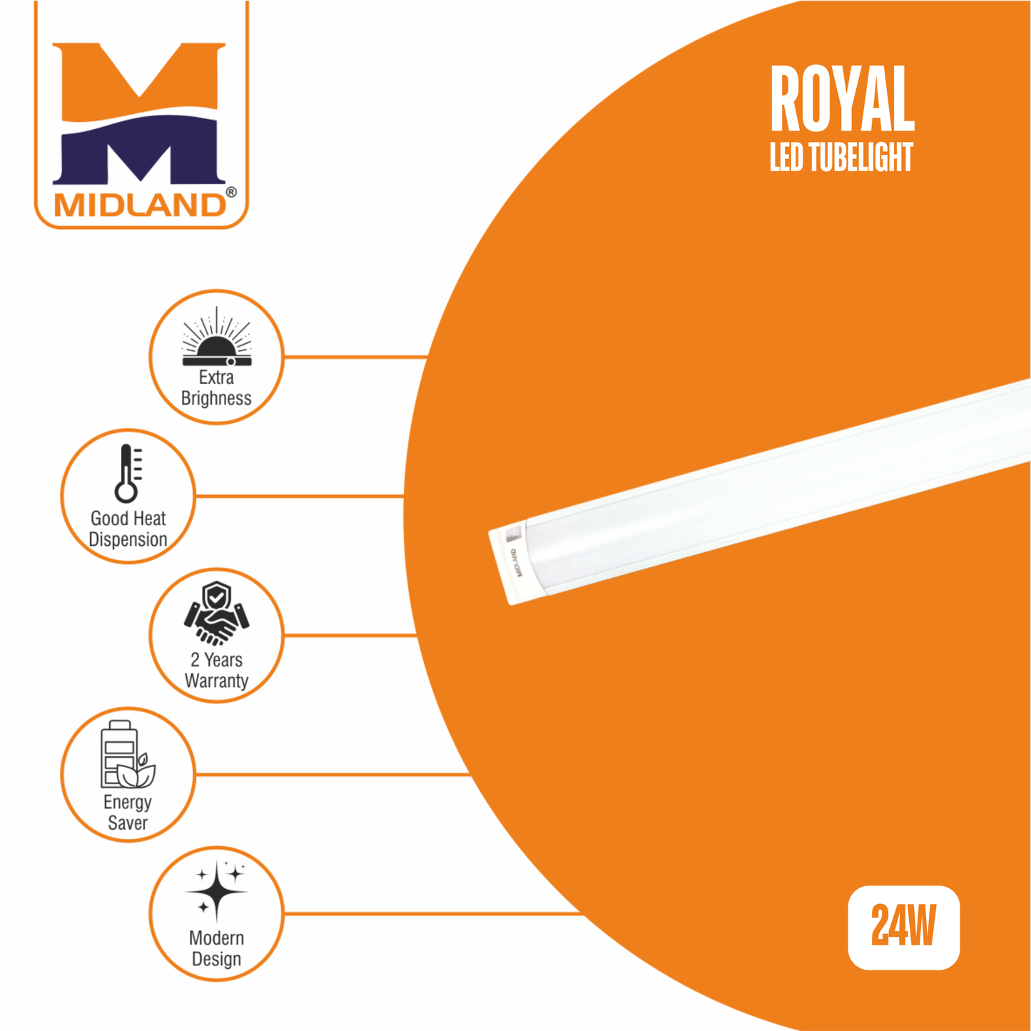 MIDLAND 24W ROYAL MIDLAND LED TUBELIGHT 600 MM