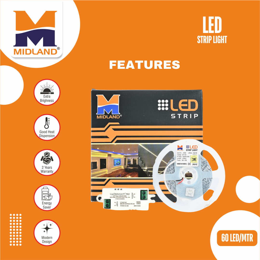 MIDLAND 2835/60 LED PER METER 12V LED STRIP LIGHT (5 MTR.) WITH DRIVER