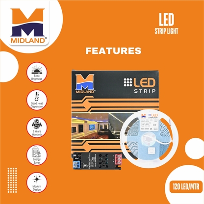 MIDLAND 2835/120 LED PER METER 5MM 12V LED STRIP LIGHT (5 MTR.) WITH DRIVER