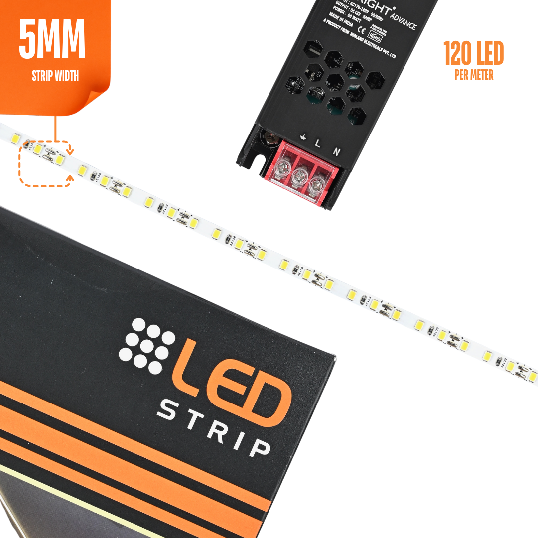 MIDLAND 2835/120 LED PER METER 5MM 12V LED STRIP LIGHT (5 MTR.) WITH DRIVER