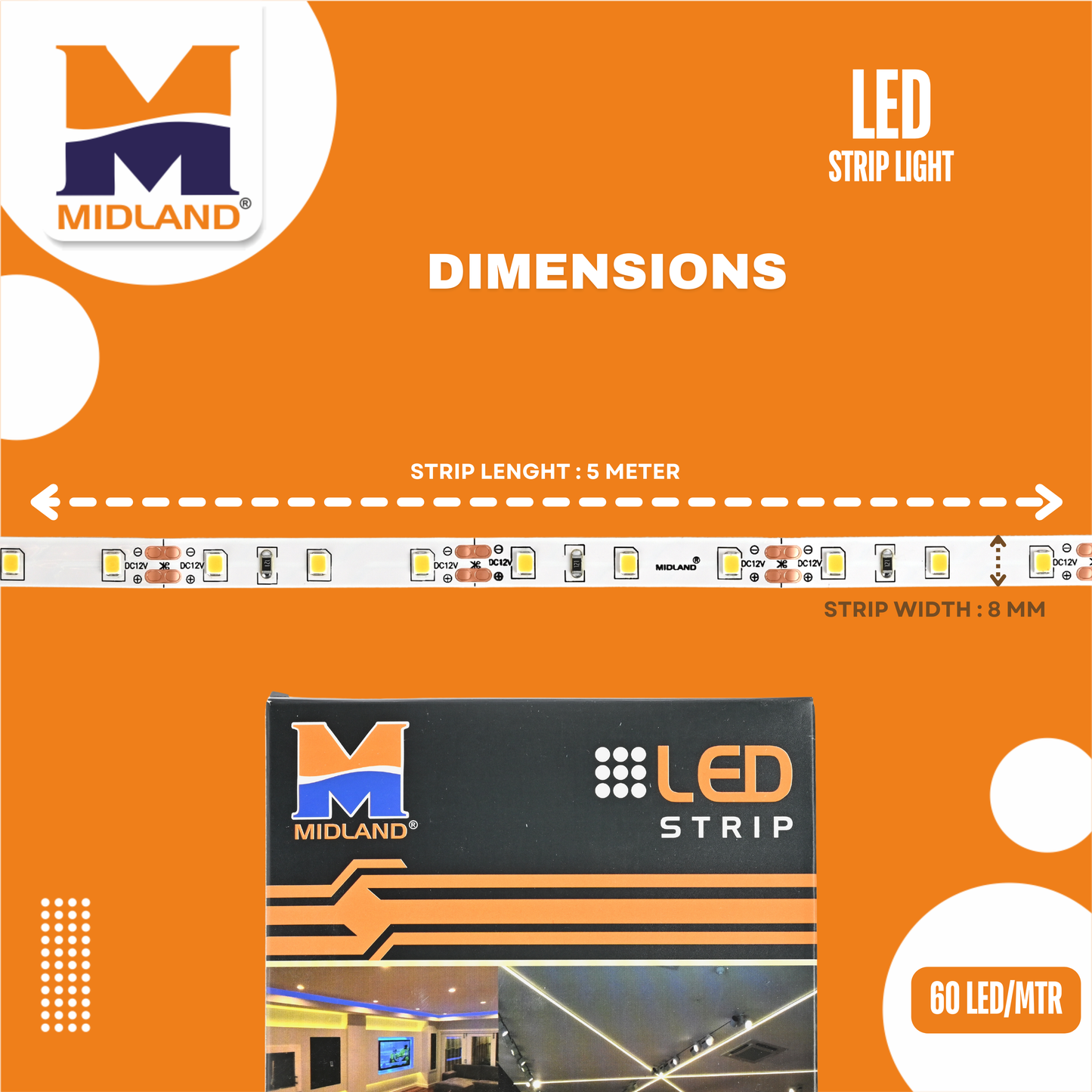 MIDLAND 2835/60 LED PER METER 12V LED STRIP LIGHT (5 MTR.) WITH DRIVER