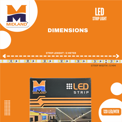 MIDLAND 2835/120 LED PER METER 5MM 12V LED STRIP LIGHT (5 MTR.) WITH DRIVER