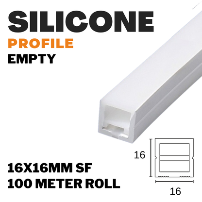 FLEXIBLE SILICONE PROFILE EMPTY 16x16 SF / 100 METER ROLL *Empty profile only – buy LED strip & Driver separately and install manually* *LED STRIP WIDTH SLOT : UPTO 12MM*