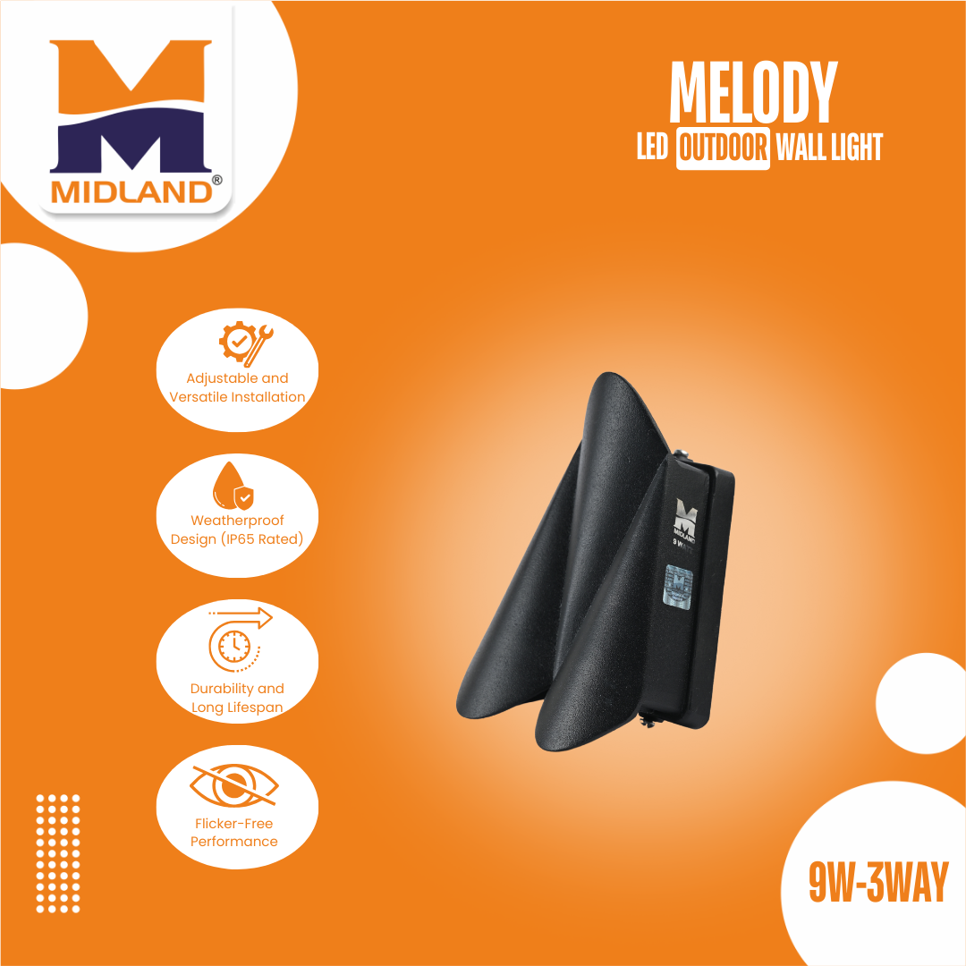 MIDLAND 9W-3WAY MELODY OUTDOOR LED WALL LIGHT