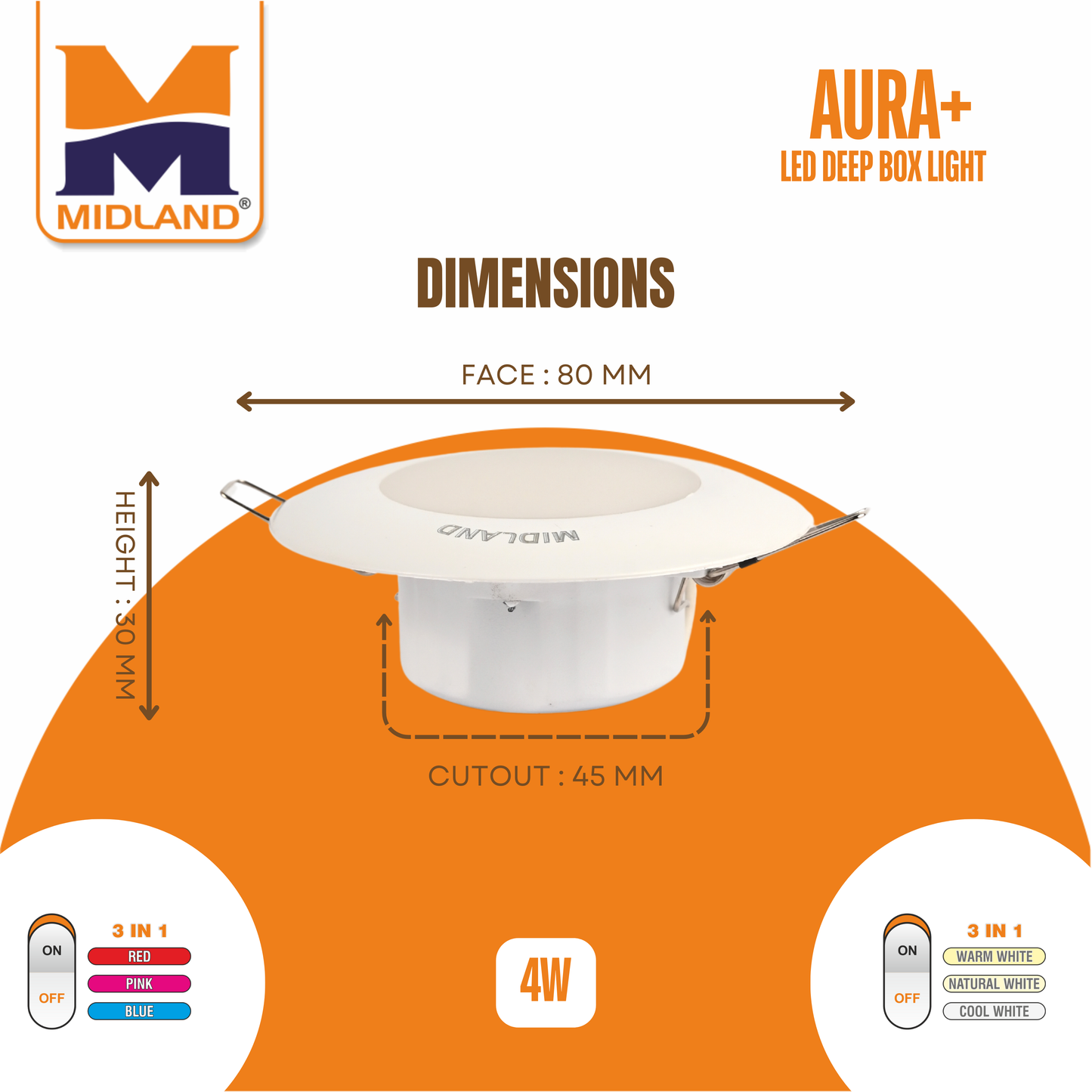 MIDLAND 4W AURA+ 3 IN 1 DOWNLIGHT LED DEEP BOX LIGHT