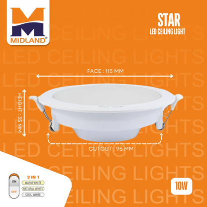 MIDLAND 10W STAR 3 IN 1 LED ROUND CEILING LIGHT