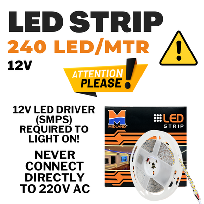 COOL WHITE LED STRIP LIGHT 12V 240 LED PER METER MIDLAND (5 METER/ ROLL)