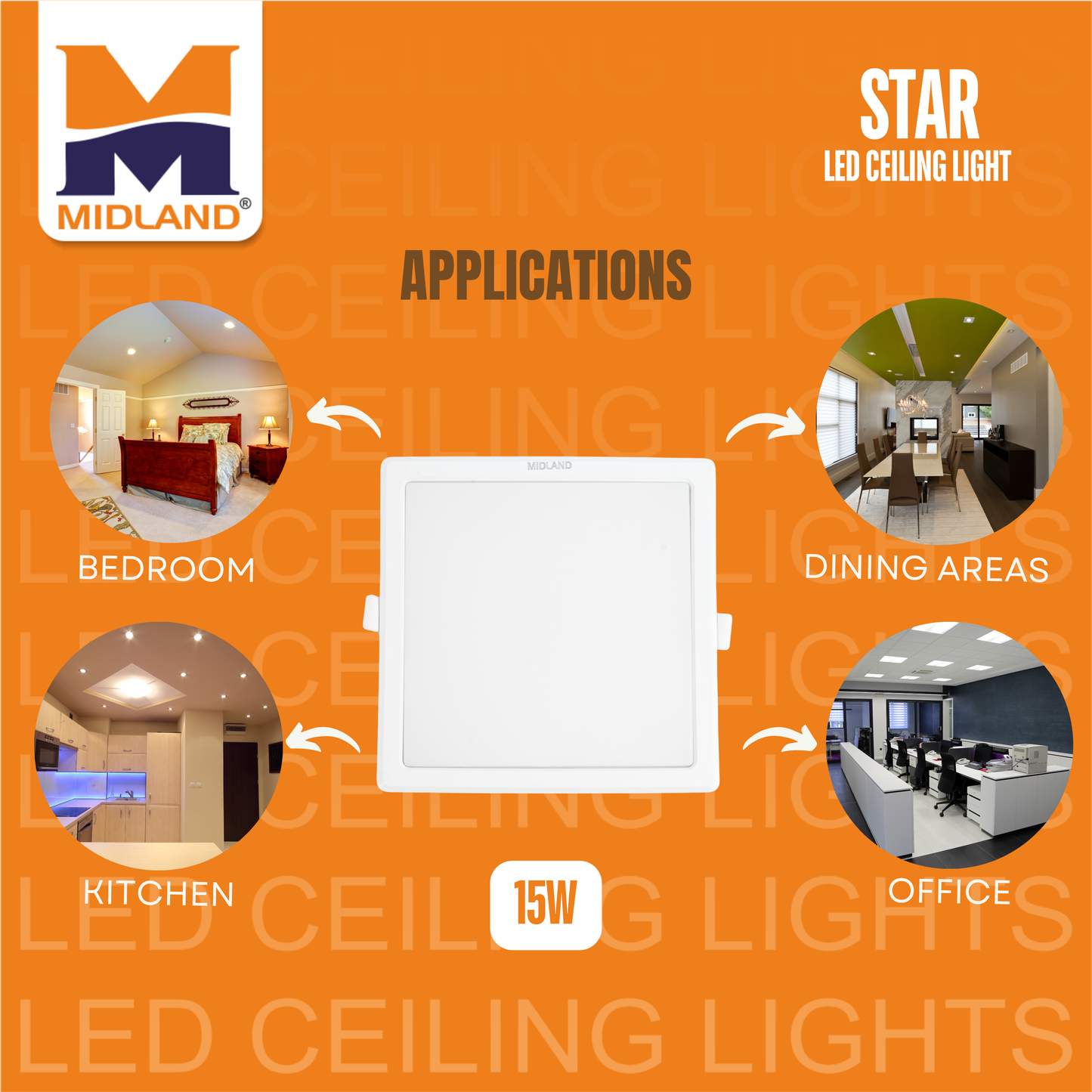 MIDLAND 15W STAR LED SQUARE CEILING LIGHT