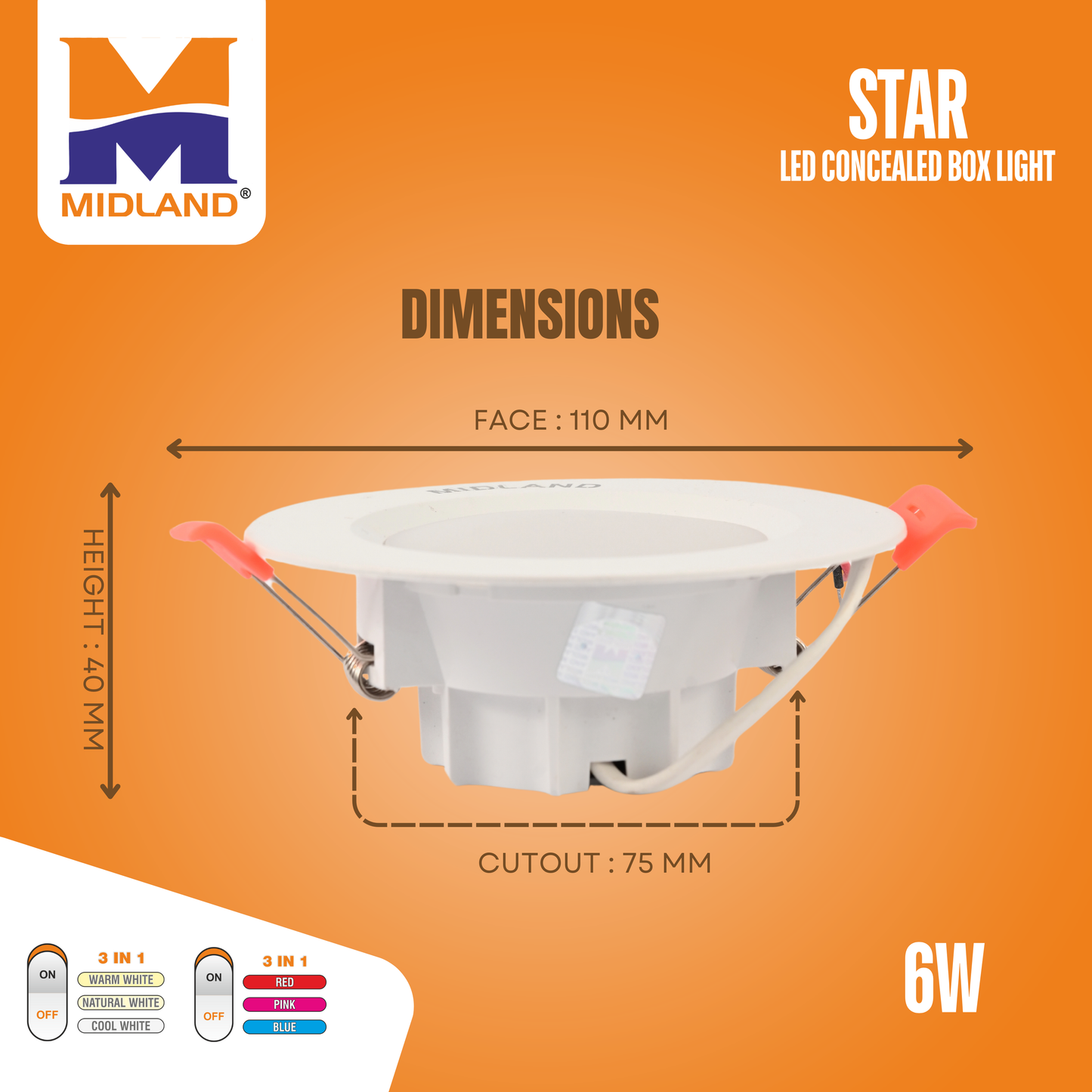 MIDLAND 6W STAR 3 IN 1 LED CONCEALED BOX LIGHT