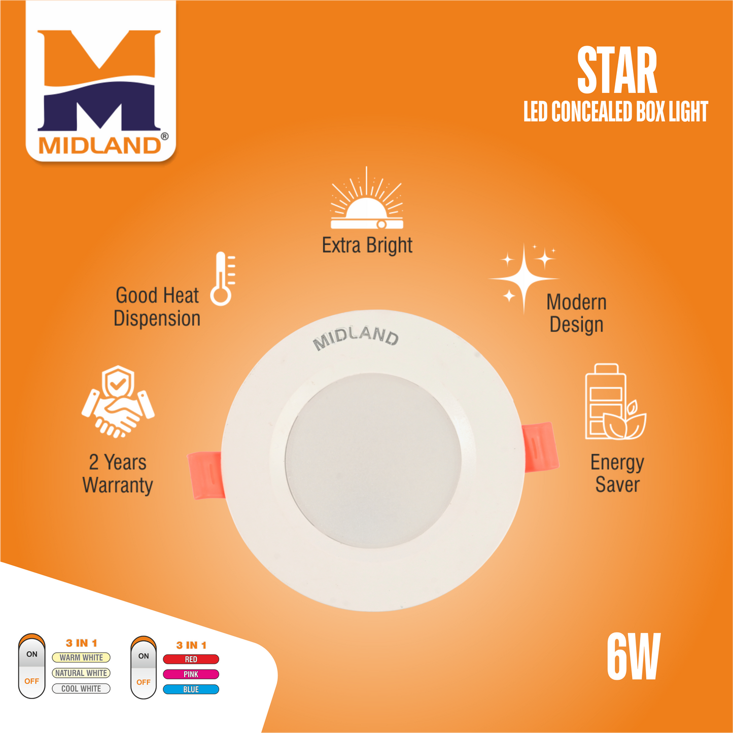 MIDLAND 6W STAR 3 IN 1 LED CONCEALED BOX LIGHT